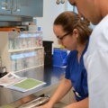 Zwei diplomierte Gesundheits- und KrankenpflegerInnen organisieren medizinische Utensilien in einer Schublade.