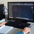 Auf dem Bild arbeitet eine Elektroenergietechnikerin am Computer mit CAD-Software.