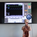 Das Bild zeigt medizinische Trainingsgeräte, darunter einen Monitor mit Vitaldaten und ein anatomisches Modell.