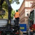 Das Bild zeigt Kran- und Baumaschinenführer, die mit einem Bagger und einem Lastwagen an einer Baustelle arbeiten.